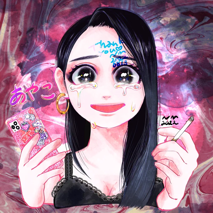 skebにてご依頼ありがとう御座いました🚬💓肩に(恐らく)にくまん子自画像をご希望とのことで描かせて頂きました!(何???)(??????)

にくまん子さんのコミッション「▼顔・パーツ 
目は二重ぱっちり丸め、アイライン跳ね上げ
眉毛は平行
...」 https://t.co/BDbhGxiISN #Skeb #Commission @skeb_jpより 