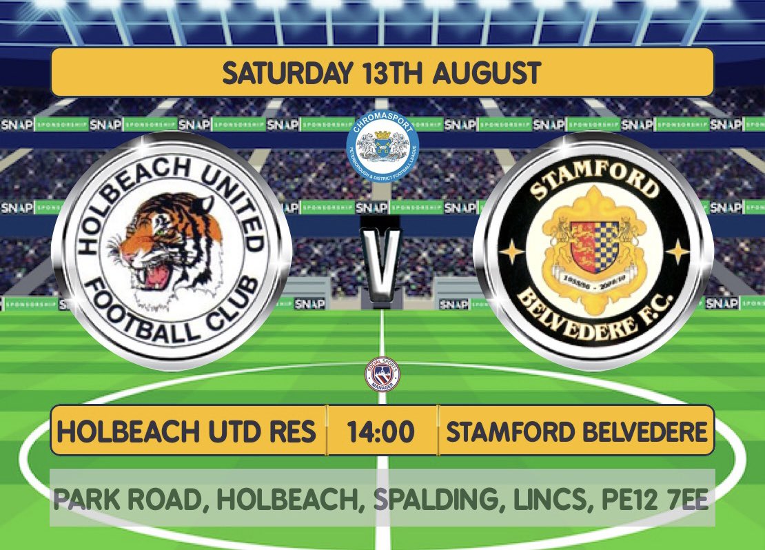 🚨GAME DAY🚨 

🏆 <a href="/PDFLUK/">Peterborough & District Football League</a> Premier Division 
🆚 <a href="/holbeachunited/">Holbeach United Reserves</a> 
📆 Saturday 13th August 
⏰ 2pm Kick Off
📍 Carters Park, PE12 7EE

Come and support the boys! 

SBFC ⚽️🔔🧡