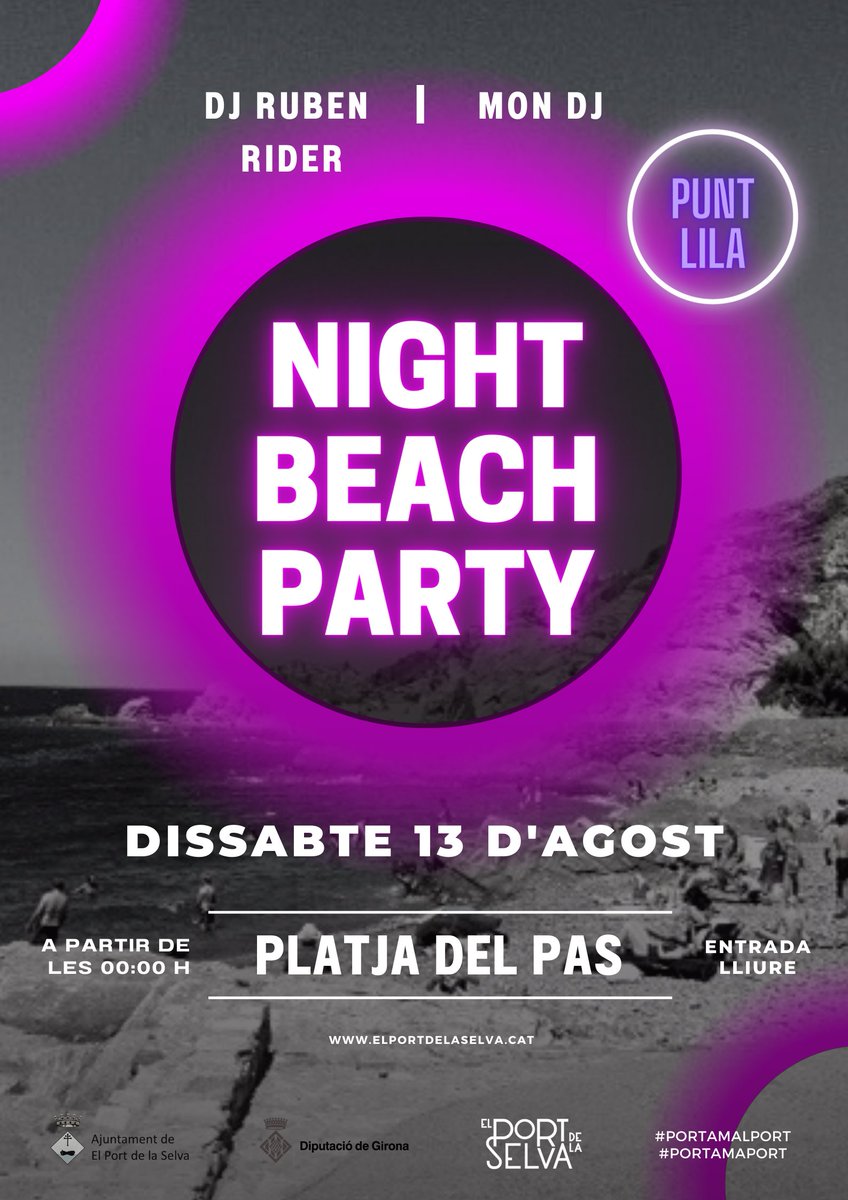 elportdelaselva's tweet photo. NIGHT BEACH PARTY
Avui a partir de les 00h a la Platja del Pas.
Amb DJ Ruben Rider i Mon DJ
Punt lila de 23.30h a 5.30h
#elportdelaselva #nightbeachparty #elpas https://t.co/8zSA7Cp4ml
