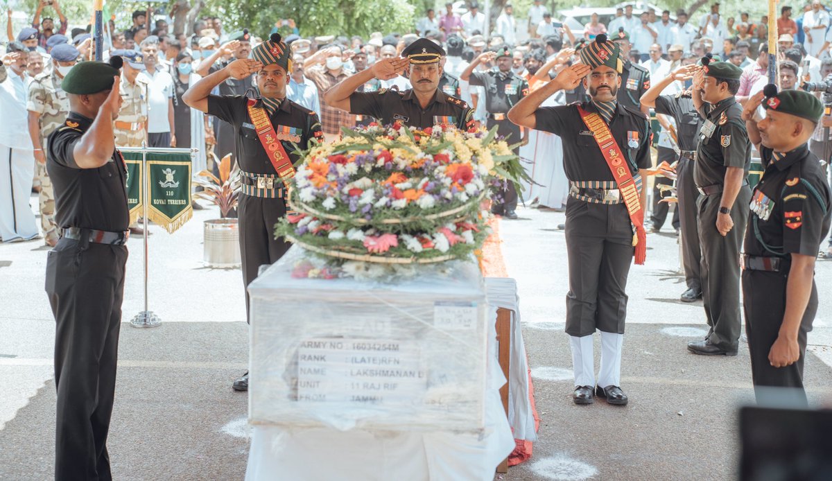 With a heavy heart, we honoured the sacrifice of Army Jawan Thiru Laxmanan Avl today in Madurai Airport. He sacrificed his life in the terror attack orchestrated at an Army camp in Rajouri District in J&K. He is a testament to the patriotism & sacrifice that protects our nation