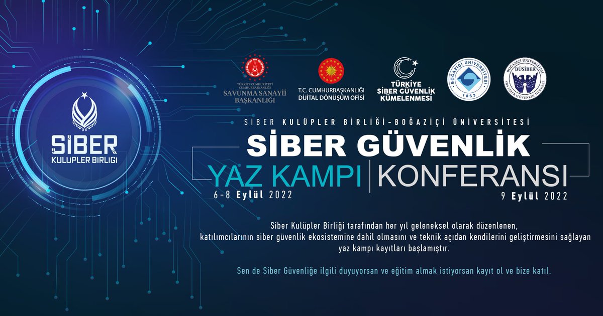 Siber Takvim (@sibertakvim) on Twitter photo #Kamp #Eğitim
6-9 Eylül 2022 | İstanbul
SKB - Boğaziçi Siber Güvenlik Kampı
<a href="/SiberKulupler/">Siber Kulüpler Birliği</a>
Kayıt: kamp.siberkulupler.com #Kamp #Eğitim
6-9 Eylül 2022 | İstanbul
SKB - Boğaziçi Siber Güvenlik Kampı
<a href="/SiberKulupler/">Siber Kulüpler Birliği</a>
Kayıt: kamp.siberkulupler.com