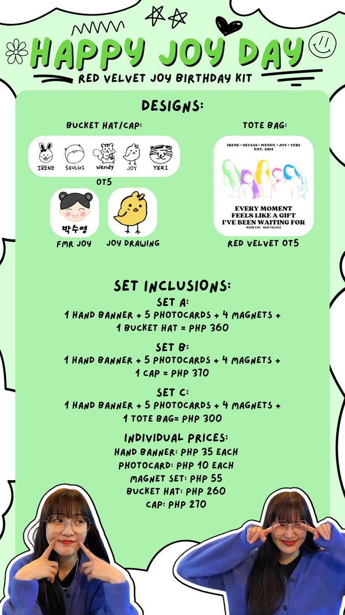 Joy day in a few weeks! Check out the birthday kit we've prepared 🤗

💚 Red Velvet Joy Birthday Kit

DOO: Aug 23
DOP: Aug 24
Order form: forms.gle/xUnquRKsxbJfeE…