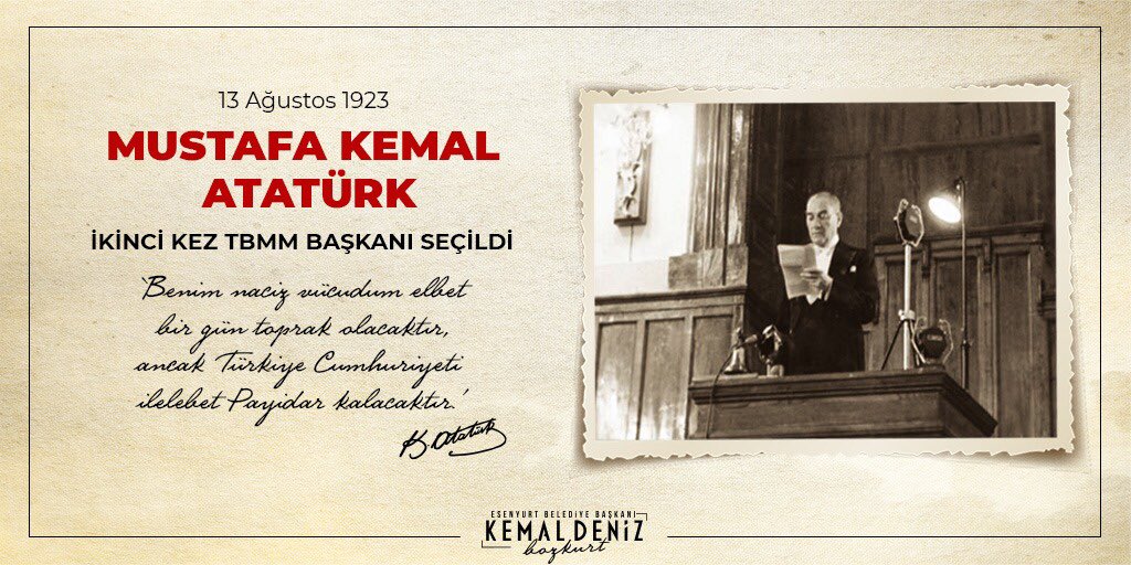 "Benim naçiz vücudum elbet bir gün toprak olacaktır, ancak Türkiye Cumhuriyeti ilelebet payidar kalacaktır"

Ulu Önder Gazi Mustafa Kemal Atatürk’ün 2. kez TBMM Başkanı seçilmesini kutluyor, ülkemizin bağımsızlığı için mücadele eden kahramanlarımızı saygı ve minnetle anıyorum.