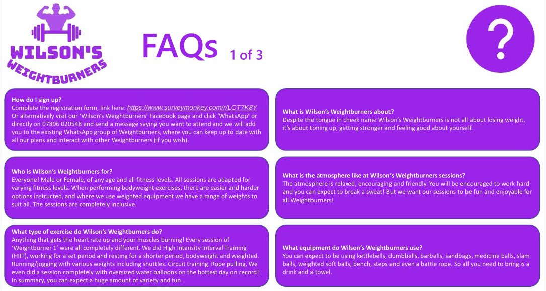 Thinking of signing up and starting Wilson’s Weightburners on Tuesday 23rd of August but want a bit more info, take a look at these FAQ. Zoom in! (1 of 3)