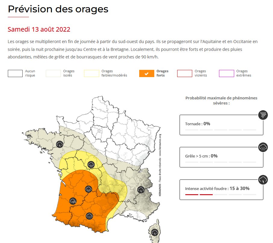 Des #orages parfois forts, avec risque de pluies intenses, #grêle et rafales de 70 à 90 km/h, sont attendus en fin de journée et nuit prochaine entre #Aquitaine et #Occitanie principalement. Les orages gagneront du terrain demain. Bulletin complet : 