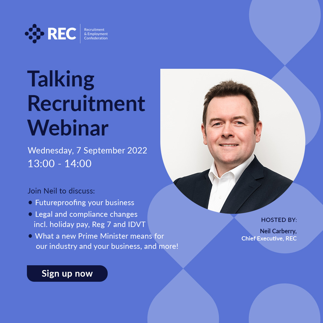 RECmembers's tweet photo. Get an overview of what you need to know about #holidaypay in light of Harpur Trust vs Brazel, the end of Reg 7, procurement latest, and a deep-dive into #RighttoWork and #IDVT at our upcoming #TalkingRecruitment webinar on 7 September. Sign up here: https://t.co/TzsMDFqswq https://t.co/avOLgtaPpf