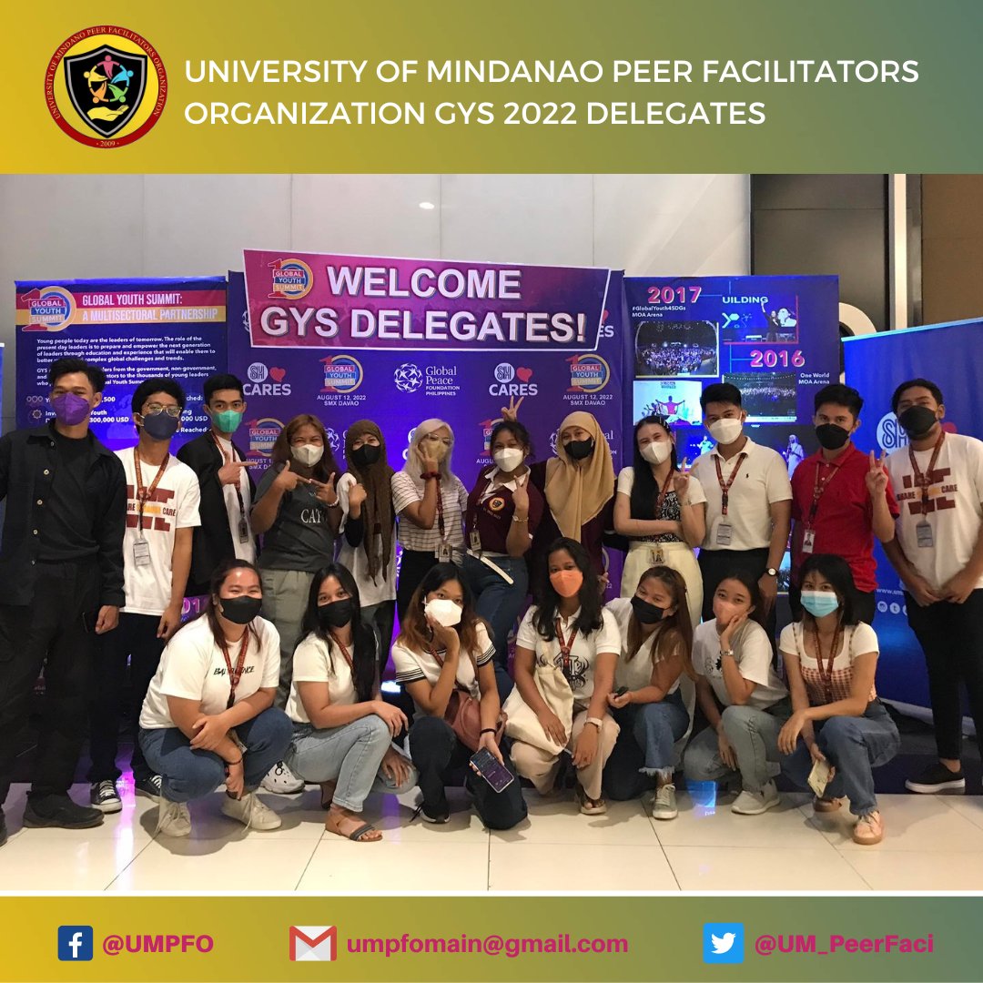 Hey there, ka-Peers!

The 19 delegates from the UMPFO attended the 10𝘁𝗵 𝗔𝗻𝗻𝗶𝘃𝗲𝗿𝘀𝗮𝗿𝘆 𝗼𝗳 𝘁𝗵𝗲 𝗚𝗹𝗼𝗯𝗮𝗹 𝗬𝗼𝘂𝘁𝗵 𝗦𝘂𝗺𝗺𝗶𝘁 last August 12, 2022, at the SMX Convention Center, SM Lanang. 

#GYS2022
#GYS10
#WePEERsevereToServe