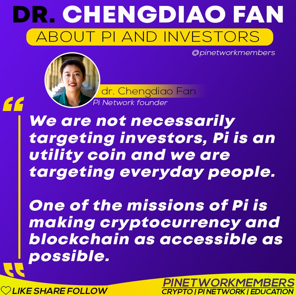 Dr Chengdiao Fan about Pi Network and Investors

We are not necessarily targeting investors, Pi is an utility coin and we are targeting everyday people. One of the missions of Pi is making cryptocurrency and blockchain as accessible as possible.

#picoin #pi #pinetwork