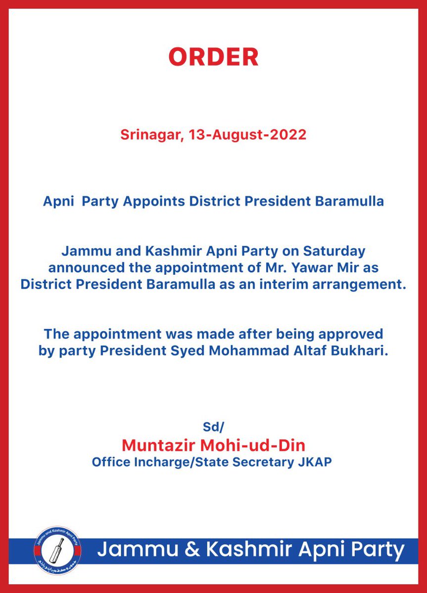 Apnipartyonline's tweet image. Jammu and Kashmir Apni Party - JKAP Appoints District President Baramulla
#YawarDilawarMir
#jkapniparty #Jkap #apnipartyonline #ApniParty #AltafBukhari #Order #Baramulla