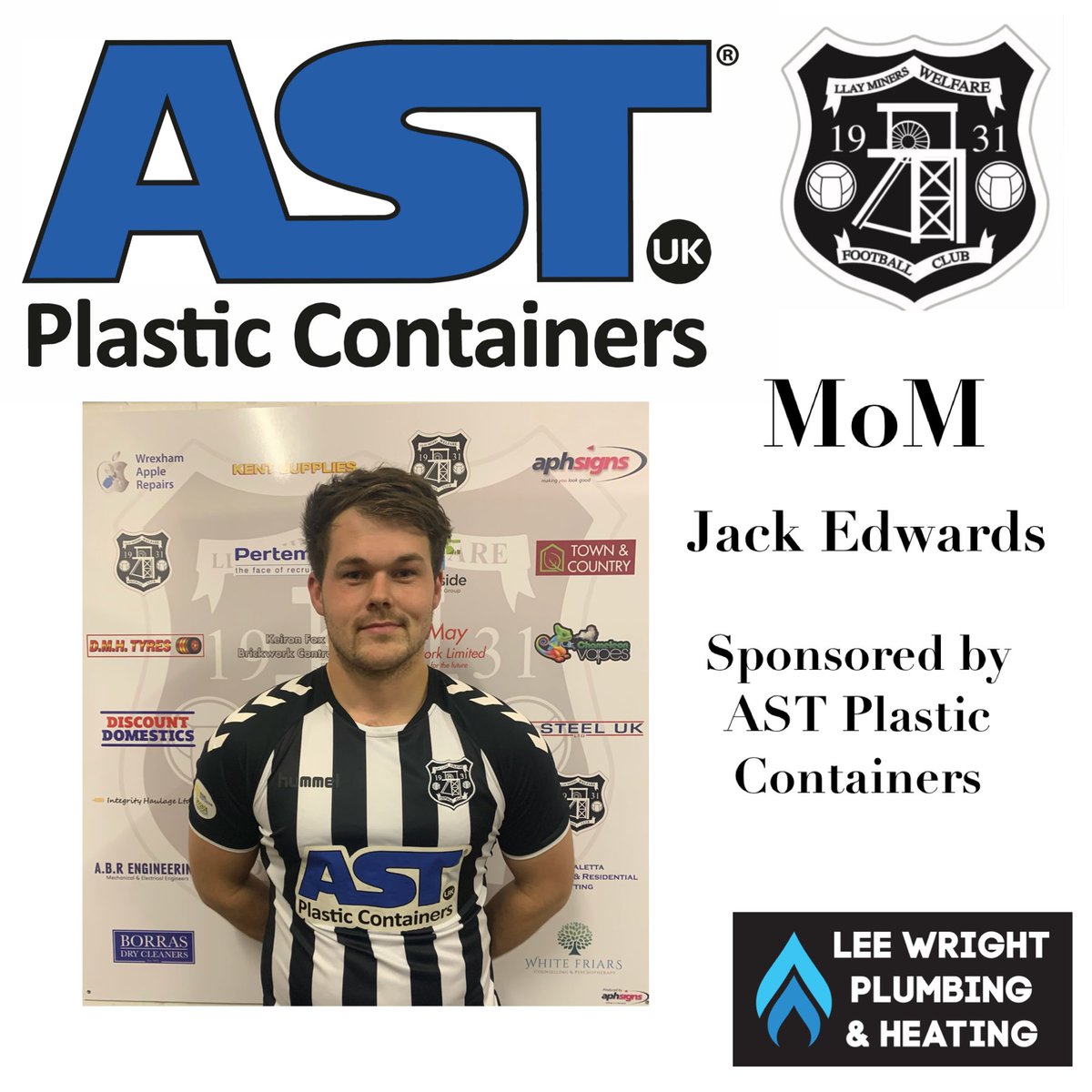 Llay_WelfareFC's tweet photo. Man of the match last night as picked by match sponsor https://t.co/vWrSbxYJsp was given to @JackTheSuperEd commanding performance at the back from the big man 👊 Jack is sponsored by @AstPlastic https://t.co/lh1VUlsDKn