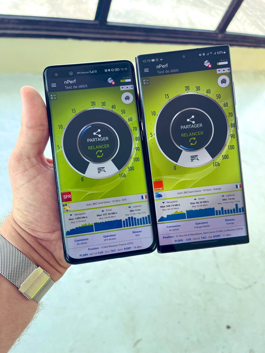 Dylan_Legros's tweet image. Test @nPerf #5G @OrangeReunion et @SFR_Reunion au même endroit avec un RSRP quasi identique 

#P40Pro #S22Ultra