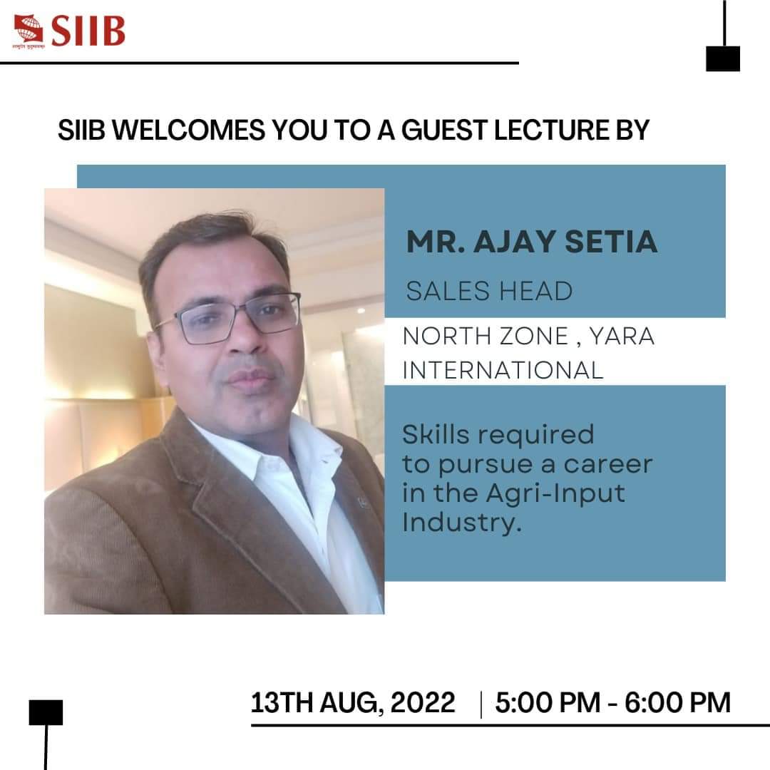 SIIBTweets's tweet photo. SIIB extends its warm welcome to Mr Ajay Setia, Sales Head (North Zone), Yara International, for conducting an insightful workshop on the topic: “Skills required to pursue a career in the Agri- Input Industry.”

@symbiosistweets

#SIIB #MBA #Pune #AgriBusiness #AgriTech https://t.co/2geAd6XeEC