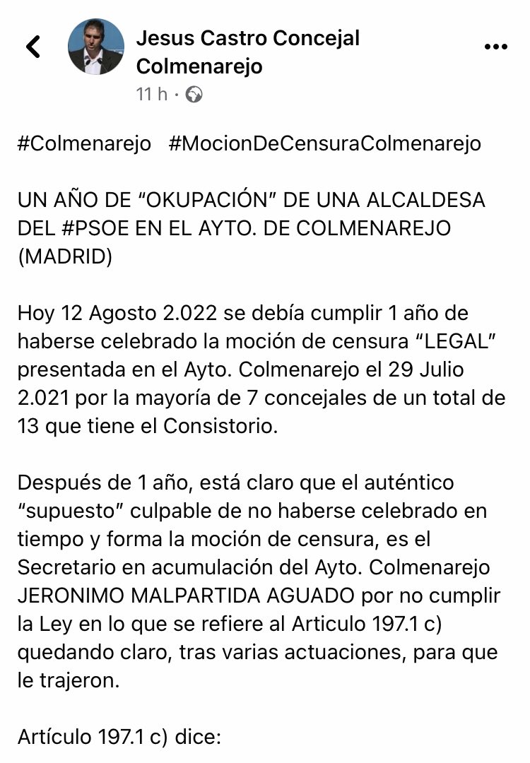 chuscame's tweet photo. #Colmenarejo #MocionDeCensuraColmenarejo

UN AÑO DE “OKUPACIÓN” DE UNA ALCALDESA DEL #PSOE EN EL AYTO. DE COLMENAREJO (MADRID)

Hoy 12 Agosto 2.022 se debía cumplir 1 año de haberse celebrado la moción de censura “LEGAL” presentada en el Ayto Colmenarejo

https://t.co/N25mvmPoBE https://t.co/MaMRonUp5C