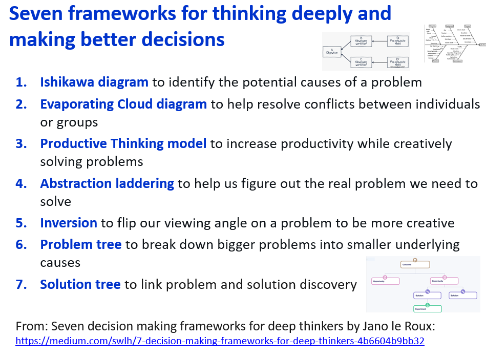 Helen Bevan (@helenbevan) on Twitter photo 7 frameworks to help us think deeply & make better decisions, individually & collectively: 1) Ishikawa diagram 2) Evaporating Cloud diagram 3) Productive Thinking model 4) Abstraction laddering 5) Inversion 6) Problem tree 7) Solution tree: medium.com/swlh/7-decisio… By <a href="/janoleroux/">Jano le Roux</a> 7 frameworks to help us think deeply & make better decisions, individually & collectively: 1) Ishikawa diagram 2) Evaporating Cloud diagram 3) Productive Thinking model 4) Abstraction laddering 5) Inversion 6) Problem tree 7) Solution tree: medium.com/swlh/7-decisio… By <a href="/janoleroux/">Jano le Roux</a>