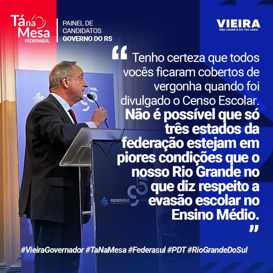 VieiraPDT's tweet photo. Durante o #TáNaMesa da Federasul, que aconteceu nesta semana, pude conversar com empresários e expor minhas ideias para realizarmos juntos um governo eficiente com foco na educação e no desenvolvimento econômico do nosso Rio Grande.

#vieiragovernador #vieira #educação #rs #pdt https://t.co/6xPBLt2atg