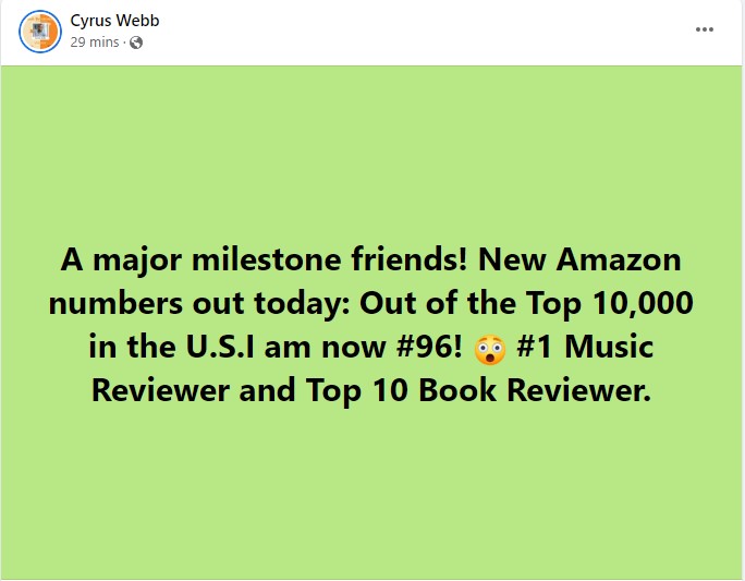 KathyHolzapfel's tweet photo. Congrats to my friend and #socialmedia #influencer @CyrusWebb for hitting #96 as a #top100 #AmazonReviewer! He's in the #Top10 #bookreviews. And currently #1 in #musicreviews. Amazing!
#googlereviewer #WritingCommunity #authors #books
https://t.co/NfwuIQwSHu https://t.co/AvsXnbZXyY