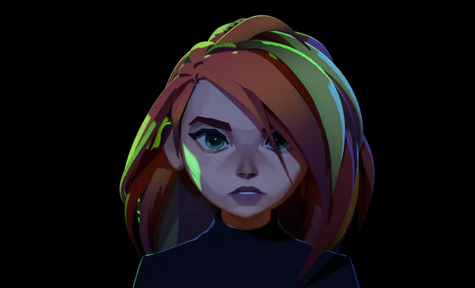 And with Kim Possible, I wanted to take a low poly model and give it another look through texture painting. The idea here is that the highlights and shadows would look simpler and more geometric (like that green triangle you see on her cheek) 