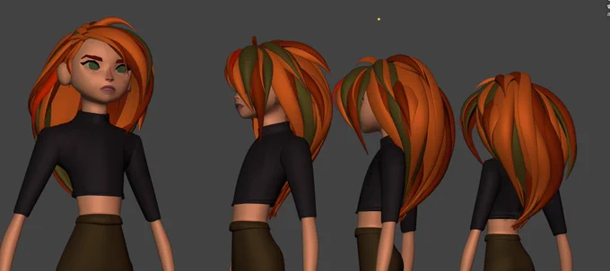 And with Kim Possible, I wanted to take a low poly model and give it another look through texture painting. The idea here is that the highlights and shadows would look simpler and more geometric (like that green triangle you see on her cheek) 