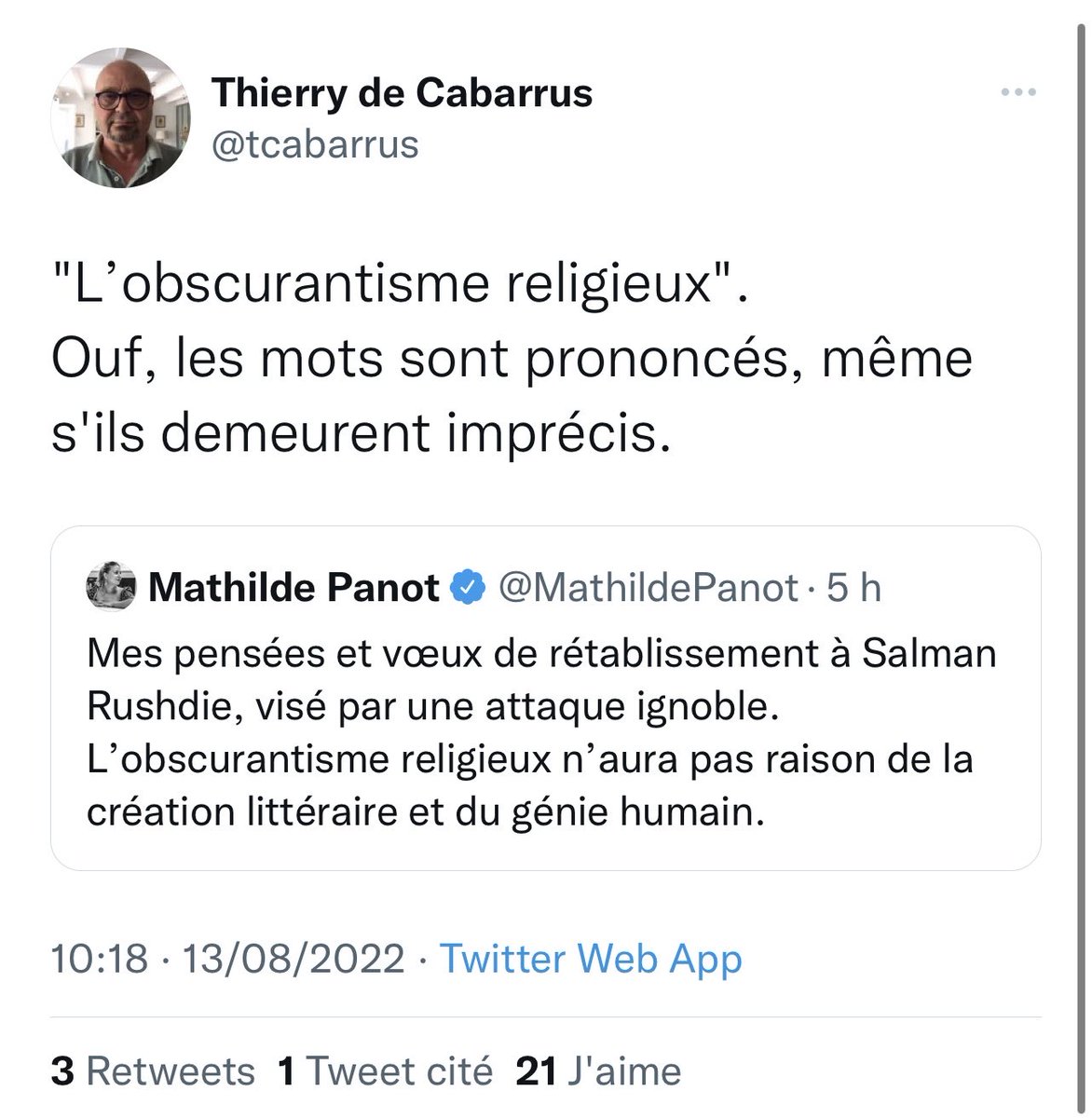 faureolivier's tweet photo. Voilà le problème des macronistes. Toujours prompts à délivrer des bons et mauvais points et lancer des procès en islamisme. Et bing quand Emmanuel Macron oublie de nommer le mal qui arme le bras de l’agresseur de #SalmanRushdie, il n’y a plus personne pour ouvrir la polémique. https://t.co/DL2BTjP7RL