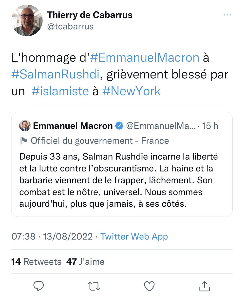 faureolivier's tweet photo. Voilà le problème des macronistes. Toujours prompts à délivrer des bons et mauvais points et lancer des procès en islamisme. Et bing quand Emmanuel Macron oublie de nommer le mal qui arme le bras de l’agresseur de #SalmanRushdie, il n’y a plus personne pour ouvrir la polémique. https://t.co/DL2BTjP7RL