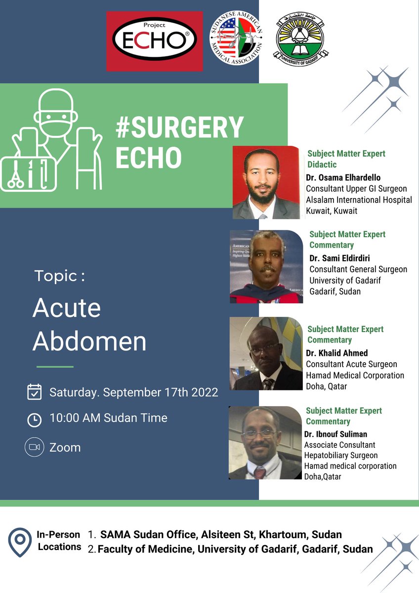 SudAmeriMedAsn's tweet photo. #projectecho
#knowledge_without_barriers
#علم٠بلا٠قيود
#SurgeryECHO provides the essential background knowledge on how to deal with common surgical emergencies
Register today
https://t.co/ORPVUWhqjt
@OmerAbdalla01
@wisalmerghani21
@noora_abubaker
@SafaaMerghani https://t.co/MWfiT4YwsH