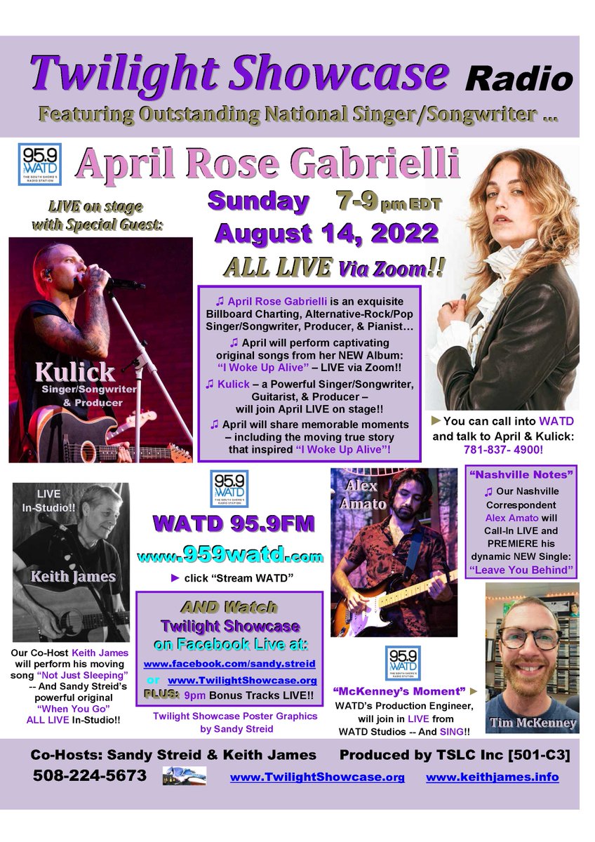 SandyStreid's tweet photo. We are delighted to Feature April Rose Gabrielli     @aprilrosegabrie LIVE via Zoom, this Sunday 8/14 7-9pm ET , on @959watdfm 's Twilight Showcase -- AND simulcast on Facebook Live on Sandy Tannenbaum Streid's FB page - shortcut: https://t.co/yQa2a3OcHB!!! https://t.co/bQ88nzhxPB