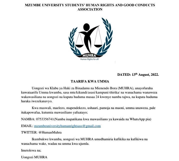 HumanMuhra's tweet photo. LET ALL PARTIES CONCERNED BE INFORMED!
@UdsmHumanRights, @JoshuaMmeshack
@Mrisho4560 
@relief_tri 
@humanrightstz 
@ZainaFoundation 
@THRDCOALITION 
@Wacj_tz 
@chraggtz https://t.co/LAH7U2rn8K