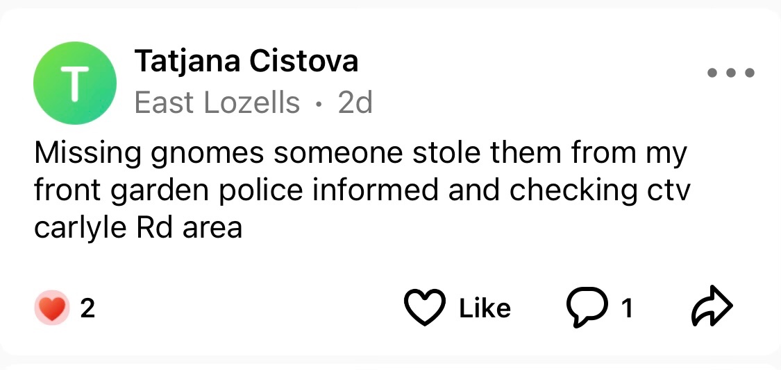 A residents had her gnomes stolen in #Lozells. If you know anything please let @LozellsWMP know. @LozellsCF @LozellsUpdates @khalid4PB @DESJADDOO @RedMajid @bordesleygreen