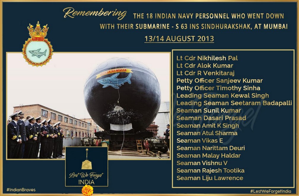 LestWeForgetIN's tweet photo. Remembering the tragic accident on #INSSindhurakshak (S-63)

#LestWeForgetIndia🇮🇳 the supreme sacrifice of 18 #IndianBrave DOLPHINS on-board the ill-fated submarine #OnThisDay (the night of) 13 - 14  August in 2013, during an explosion while preparing for deployment from Mumbai🏵️ https://t.co/GR6tzdU6nK