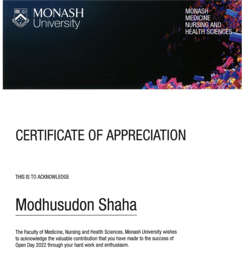 modhu_bdi's tweet photo. Received the appreciation letter from Monash University, really enjoyed representing the School of Biomedical Sciences to the future Biomed Scientists and to the community people interested in biosciences at Monash Open Day. https://t.co/BnETYTv749