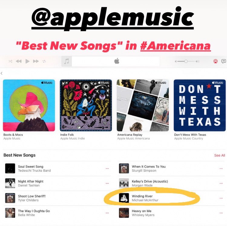 TransoceanicRec's tweet photo. Michael McArthur's "Winding River" is among @AppleMusic "Best New Songs" in #Americana this week!!
#applemusicplaylist #michaelmcarthur #jacquireking https://t.co/ATmbkRM6oN
