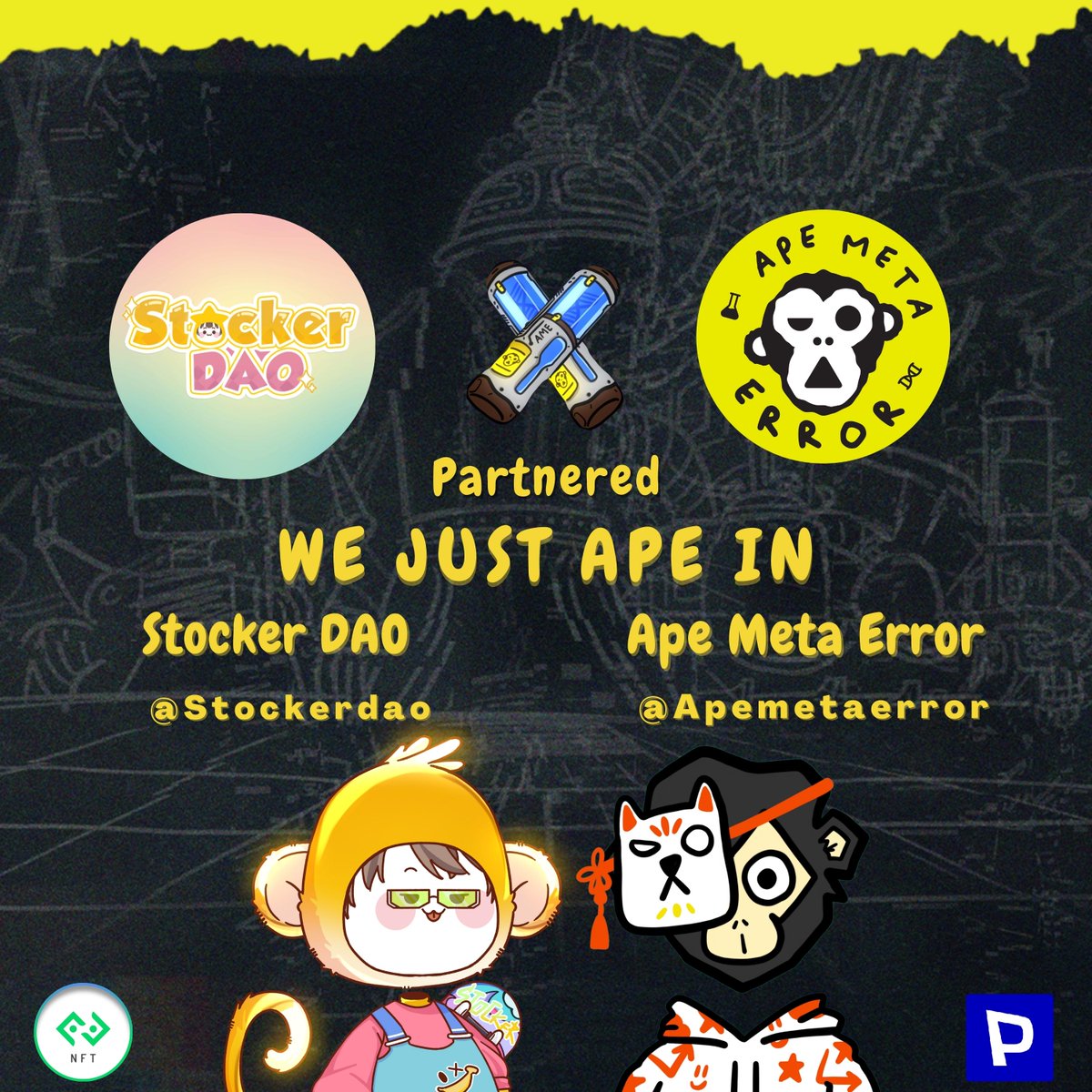 💫Hey #AME! Announce the time.🐒🤝🌟
We officially partnered with Stocker DAO✨

🎉 Giveaway  WL 5 Spots
To Enter🎁
1️⃣ Follow <a href="/Apemetaerror/">APE META ERROR</a>&amp; <a href="/Stockerdao/">Stocker DAO | !! Sold out !!</a>
2⃣🔁 + ❤️This Post
3️⃣ Tag 3 friends👤

⏱️End in 24 hours!🎉 
#NFTProjects #NEARnft #WLGiveaways 
 #BitkubNFT #bitkub #NFT