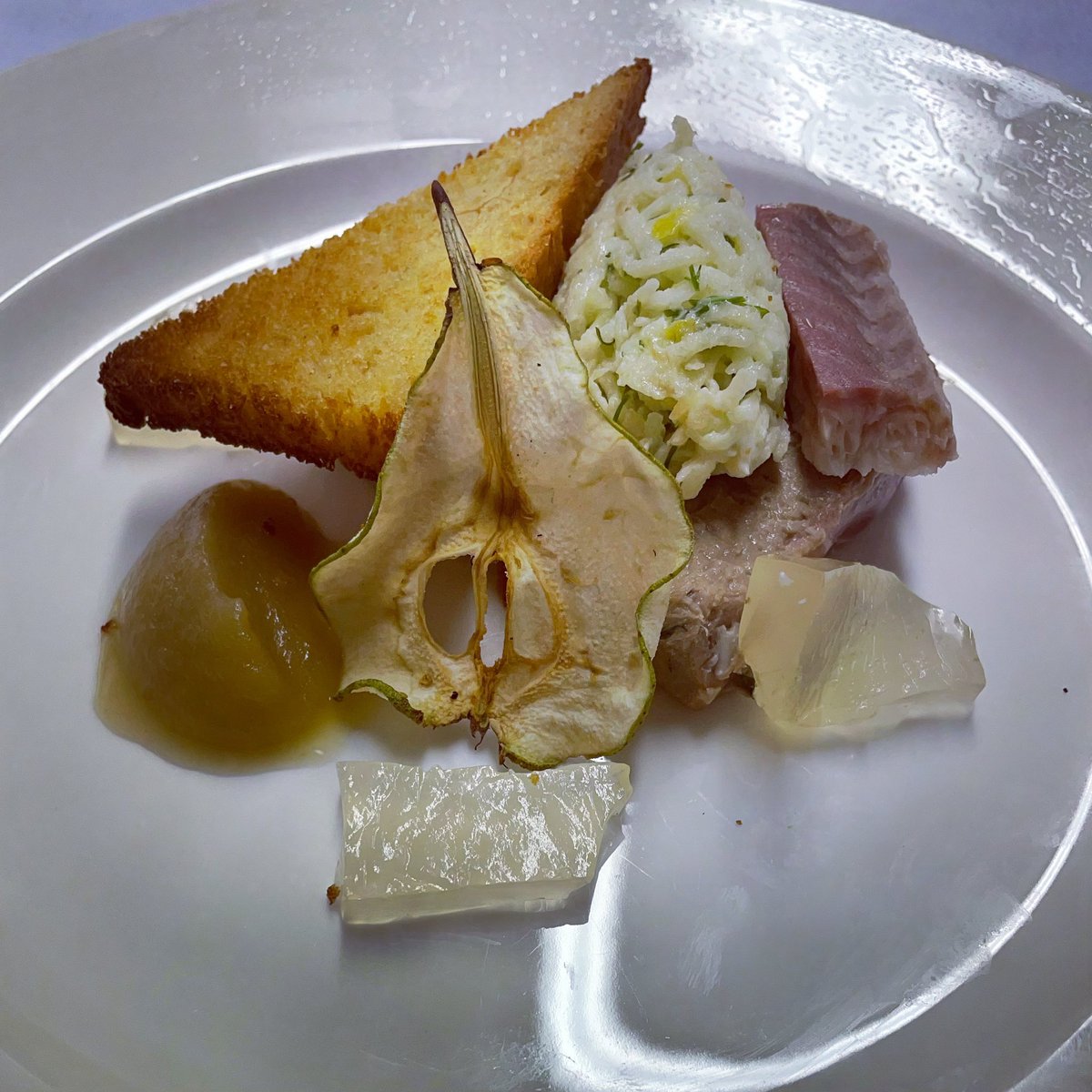 ChefDack's tweet photo. Duck and smoked eel parfait, apple and pear textures with toasted brioche #cheflife https://t.co/ASdUZJLUr0