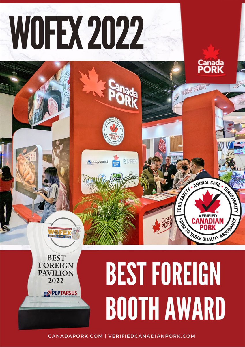 AmbMacArthur's tweet photo. Congratulations to @CanadaPork participating at #WOFEX | World Food Expo 2022 trade show in #Manila - Canada Pork’s informative & attractive presence won Best Foreign Pavilion Award consistent with growing exports to #Philippines boosting #foodsecurity @AAFC_Canada @CAN_ASEAN https://t.co/fNSjUgsmY6