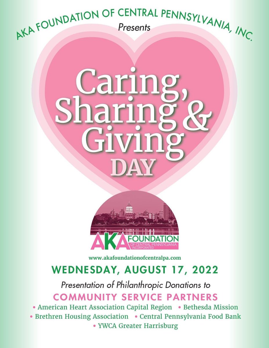 AKAFCP's tweet photo. We are excited to announce that on Caring, Sharing &amp; Giving Day, which coincides w/National Nonprofit Day, we will give $9,000 to 5 local non-profits to support their programs &amp; recognize their positive impact in our local community.
#akafoundationofcentralpa #makingadifference https://t.co/fS0dCvdEsq