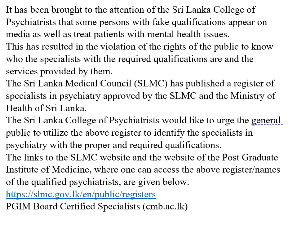 slcpsych's tweet photo. It has been brought to the attention of the Sri Lanka College of Psychiatrists that some persons with fake qualifications appear on media and treat patients with mental health issues.

https://t.co/GJDt8SijS1 https://t.co/jW5ZGzffD5