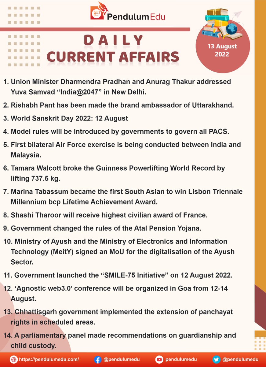 pendulumedu's tweet photo. Current Affairs of 13 August 2022 in English - https://t.co/W8G8Cl3QEt
#currentaffairs #news #latestnews #breakingnews #pendulumedu #dharmendrapradhan #rishabhpant #worldsanskritday2022 #modelrules #airforceexercise #tamarawalcott #marinatabassum #shashitharoor #atalpensionyojana https://t.co/e80EghmAbo
