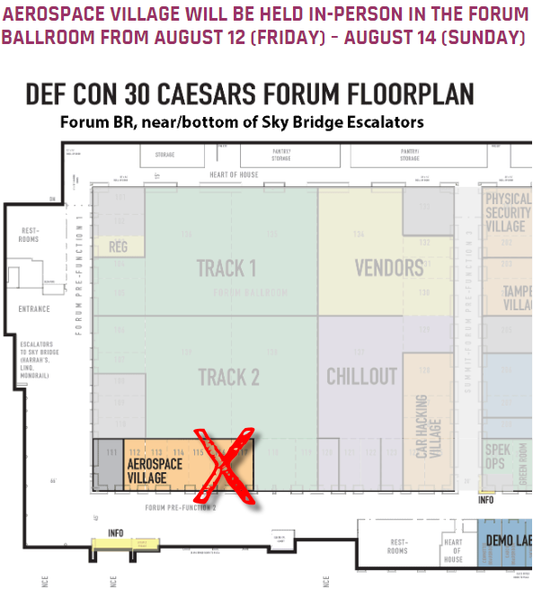 CTcubed's tweet photo. Saturday @SecureAerospace #AerospaceVillage talks are here and it's a full day @defcon. Find us on the map, 'X' marks the spot. #DEFCON30 #hackersummercamp
Schedules➡️ https://t.co/zKn76omDlY
https://t.co/gm2IrlddJY https://t.co/6wyJ23o1J6