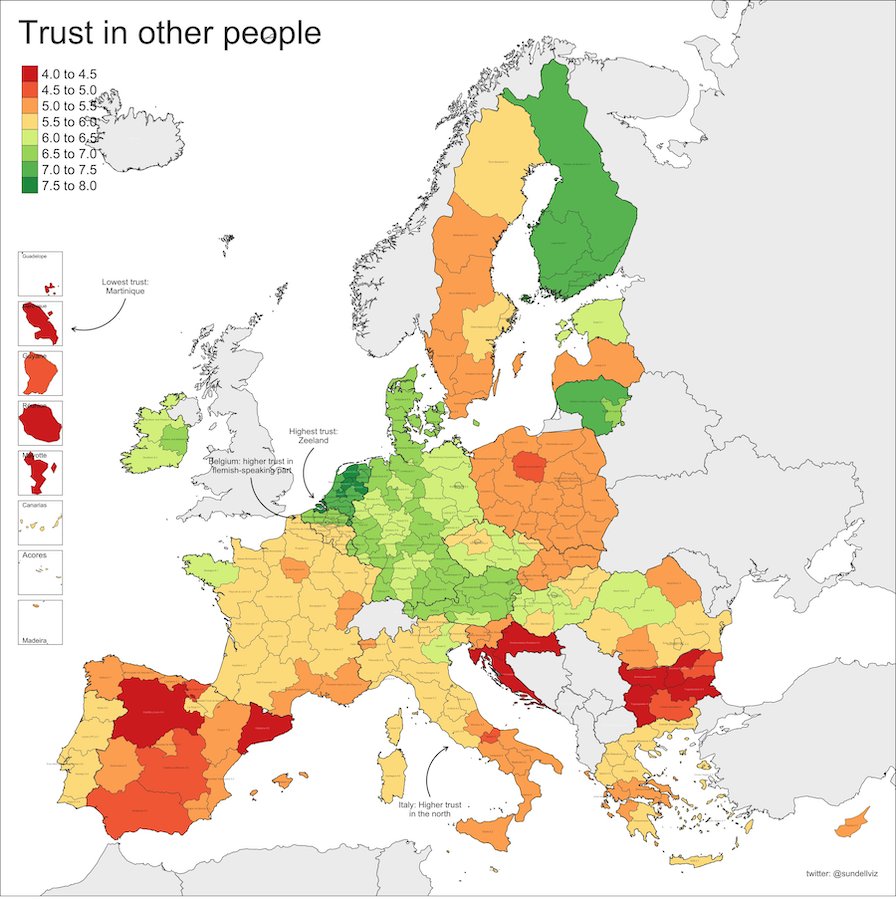 Vertrouwen in andere mensen in de buurt (geen (1) - volledig (10)). European Quality of Government Index 2021. @sundellviz
bigthink.com/strange-maps/e…