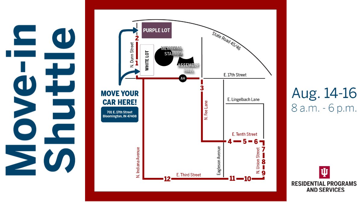 IUHousing's tweet photo. If you have trouble parking in a garage after unloading, move to the stadium and take the shuttle. Running 8/14-8/16 8 a.m. - 6 p.m. #IUMoveIn https://t.co/mcl3QeBbhr