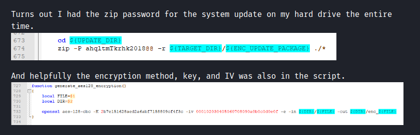 gertvdijk's tweet photo. 2021 Hyundai Ioniq SEL car infotainment software appears to be encrypted with NIST-example RSA keypair and a ZIP-password in plaintext, in a script.

Never roll your own crypto, but also don't forget to substitute your keys, lol. 😂

https://t.co/lZ4mgF0ceX https://t.co/32qGDgA3MU