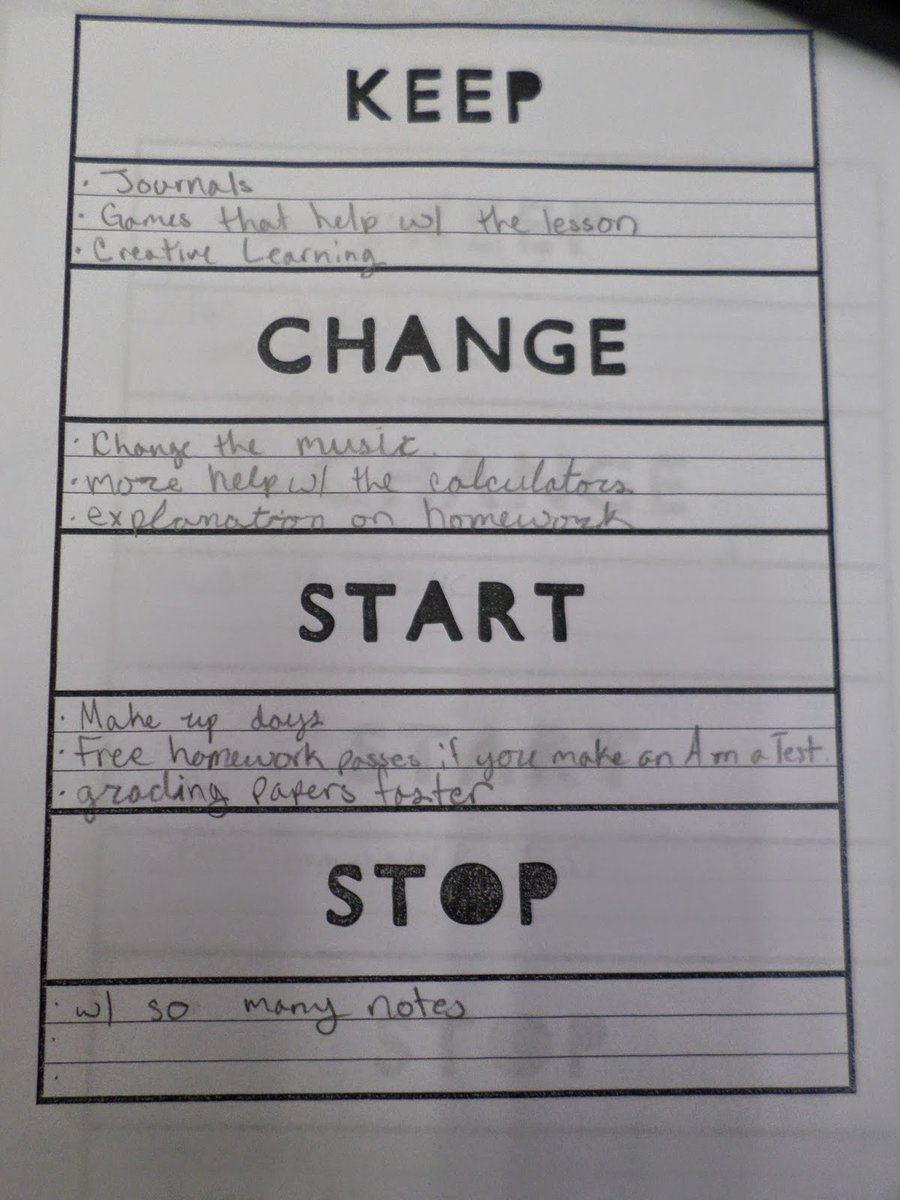 teacher2teacher's tweet photo. At the end of every semester, T @mathequalslover asks her Ss what to: 

Keep: _______. 🔒
Change:  _______. ♻
Start:  _______. 🌱
Stop:  _______. 🛑

Check out her super-simple student reflection form here: https://t.co/JeAyuPf2jH https://t.co/zbGZp6beRY