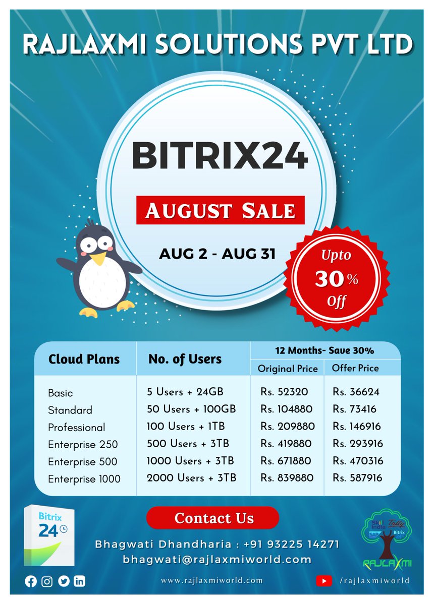 rajlaxmiworld's tweet photo. π Bitrix24 August Offer Sale
π
From 1-Aug-22 to 31-Aug-22
π° Switch to Annual Subscription Save 30%*
π For more details about Bitrix24 Pricing & Offers
π +91 97680 10960 | +91 97680 10950 | +91 93211
42122 |+91 93225 14271
#bitrix #bitrix24 #bitrix24offer #bitrix24pricing https://t.co/u6IiyBhAKi