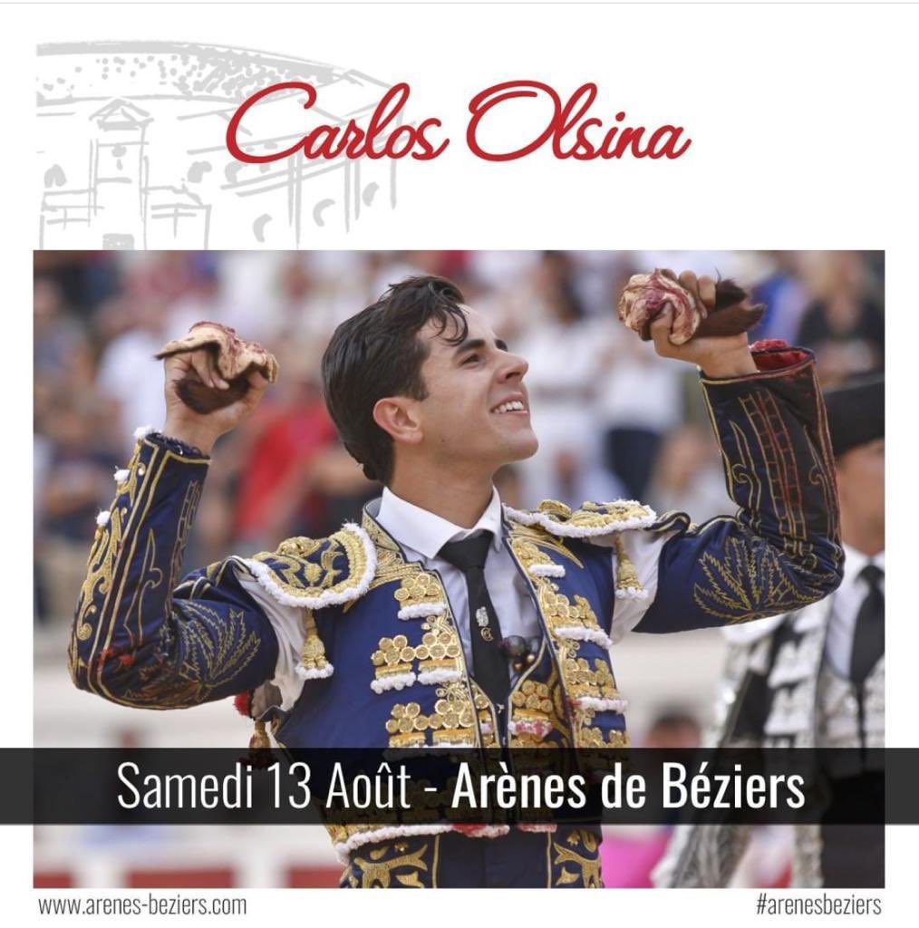 InfoCOlsina's tweet photo. ⚡️13.08.2022 - Béziers 

🇪🇸 🏟Hoy Carlos Olsina torea en su ciudad natal. Plaza de primera categoría.

🐂 Toros de Margé

🇫🇷 🏟Aujourd’hui Carlos Olsina torée dans sa ville natale. Arènes de première catégorie .

🐂 Toros de Margé

⏰ 18.00 H.

#OlsinaPresenteyFuturo https://t.co/ogSfTK4jgD