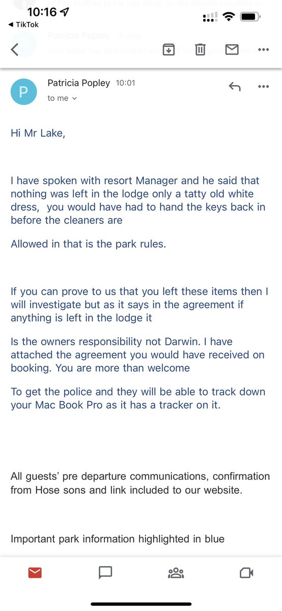 allanlake's tweet photo. Got married last week, was rushed out of our holiday lodge by staff and left a few things. And this is their response! ‘Tatty White Dress’ Unbelievably poor customer service! @DarwinEscapes @WoodsideBay https://t.co/wgJKZ6v2HN