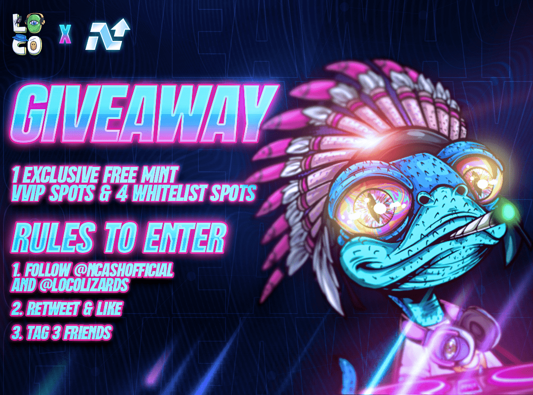 NCashOfficial's tweet photo. 🚨GIVEAWAY ANNOUNCEMENT🚨

Giving away 1 Exclusive VVIP &amp; 4 Whitelist Spots!

How To Enter:
1⃣Must be following @NCashOfficial &amp; 
@LocoLizardz 
2⃣Like &amp; Retweet
3⃣Tag 3 Friends

Winner randomly drawn/announced on August 20th, 2022.

⚠️All requirements must be met to be eligible⚠️ https://t.co/SKy0Nz6Jg1