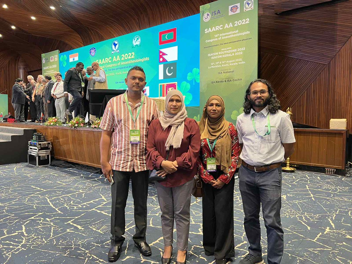 AnaesthesiaMV's tweet photo. Day 2 of SAARC AA 2022 - 14th International Congress of Anaesthesiologists in #cochin #India  
Members of Exco (Dr.Maee &amp; Dr.Dusooma) and participants representing #Maldives https://t.co/TydKvYcNIE