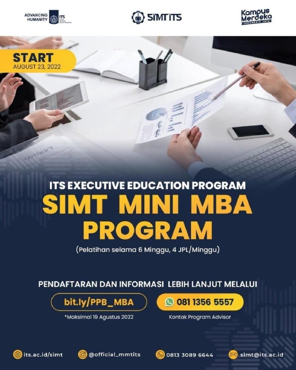 its_campus's tweet photo. Masing-masing topik bahasan tersebut akan diulas oleh para trainer yang berasal dari akademisi dan praktisi berpengalaman di bidangnya.
Biaya: 3.000.000
Bergabunglah bersama para pemimpin bisnis dalam SIMT Mini-MBA.
#SIMTITS #ITSCampus #ITSSurabaya https://t.co/zBCGYD1HWR
