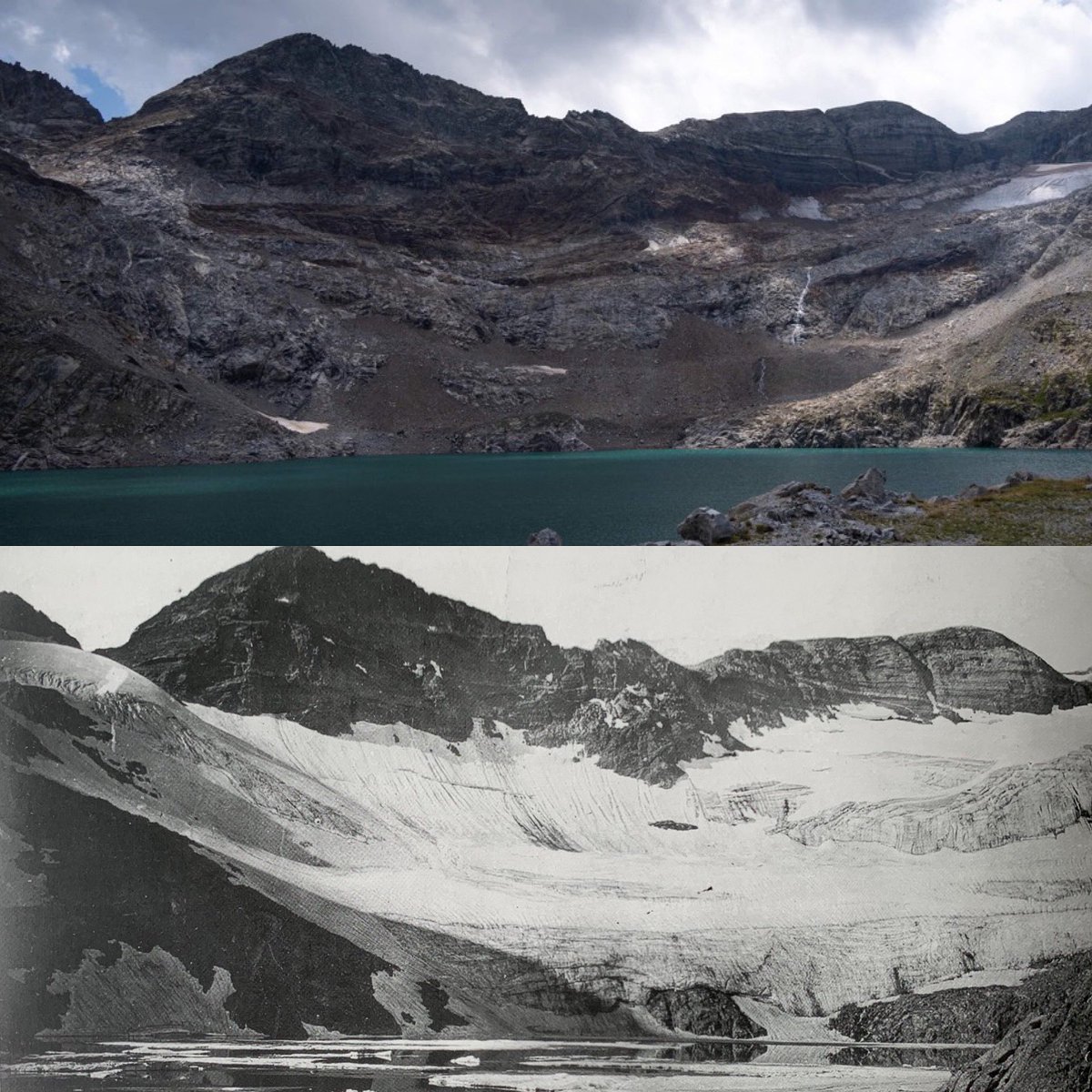 Meteo_Pyrenees's tweet photo. Lac du Portillon et Glacier du Seil de la Baque hier et été 1895 📷 @eric_castaings_photographies (en haut car en bas en 1895 la Maison Castaings n’officiait pas encore ) https://t.co/PkfbHYLKLi