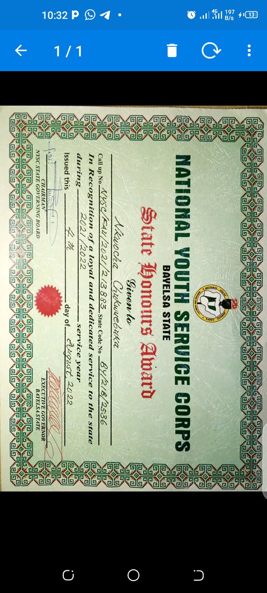 CalliPhonics's tweet photo. A reward for hard work, leadership, dedication, selflessness, innovation, and passion. Thanks to Bayelsa State Government, thanks to NYSC Bayelsa. Indeed I served my fatherland. Done, and unleashed. https://t.co/4D5vN5HfCH